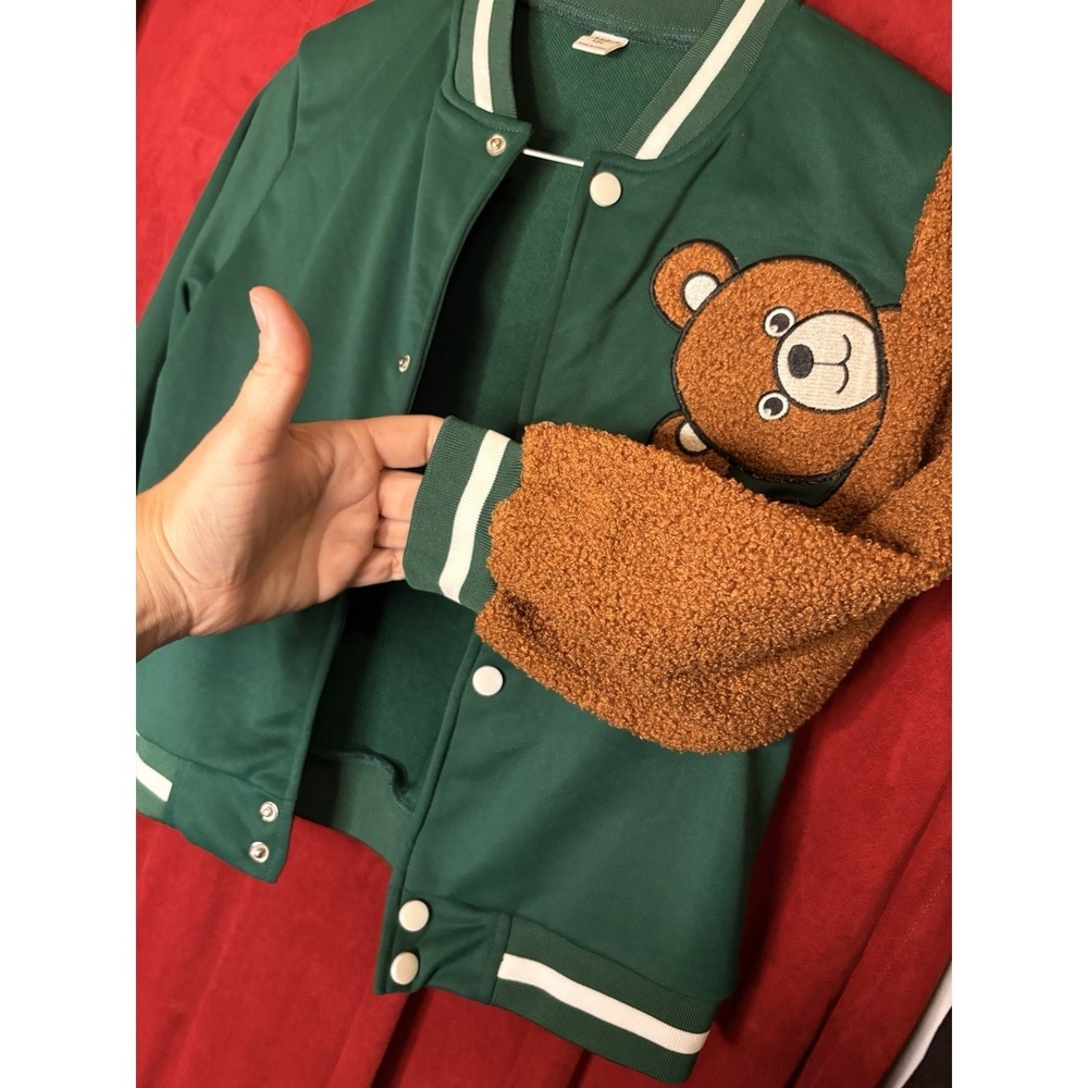 Teddy Bear Jacket Green Brown Varsity‎ Bomber Jacket Novelty Cute